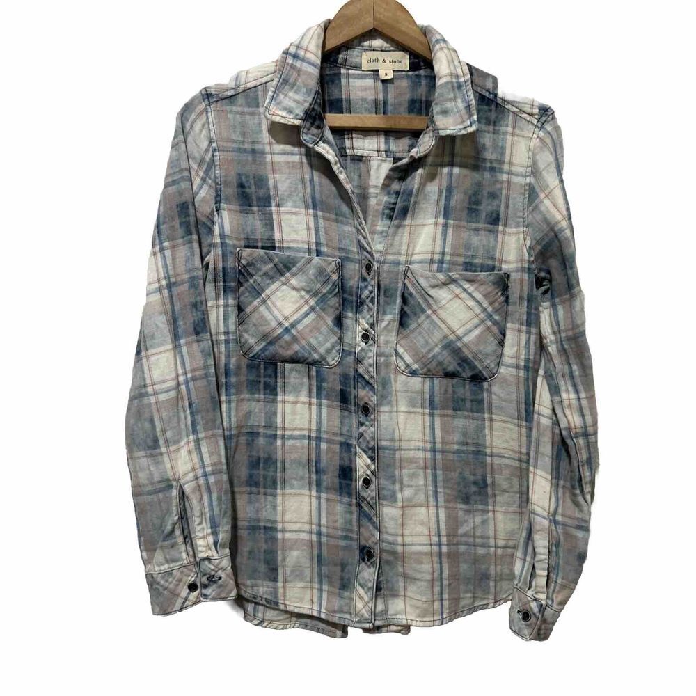 Cloth & Stone Flannel Button Down Shirt Womens Small Blue Pink Plaid USA